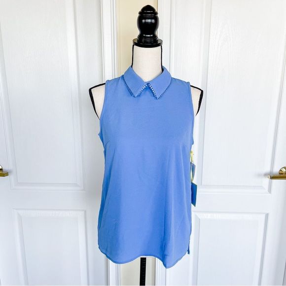 Cece Size Small Sky Baby Blue Fancy Laced Collar Sleeveless Top Silver Button - Picture 2 of 16